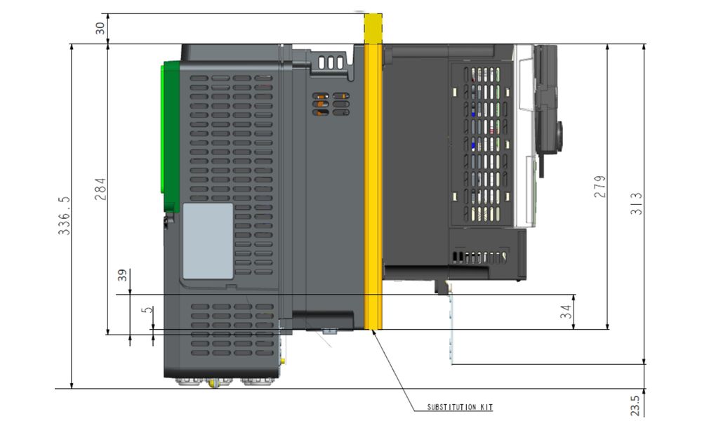 Footprint comparison of an Altivar Process drive and an ATV61/71 with the mechanical substitution kit between them